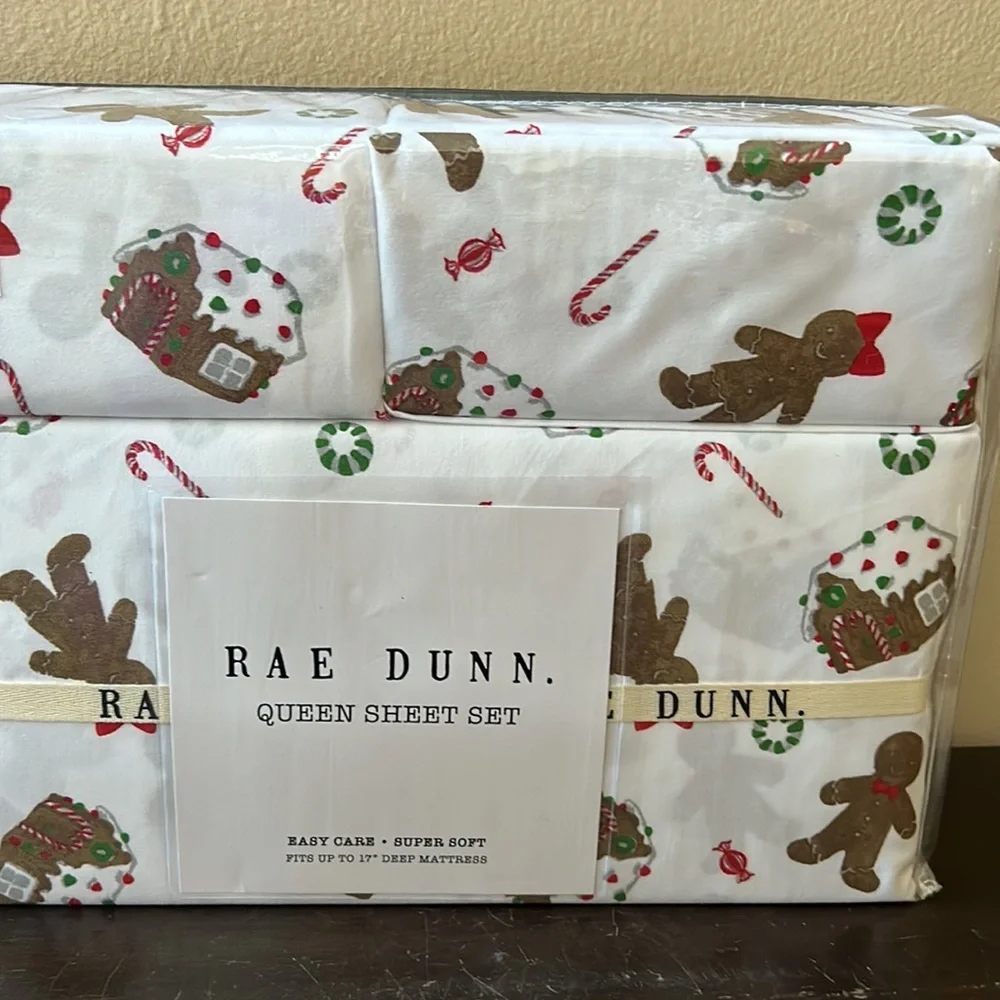 Rae Dunn Christmas Queen Sheet Set Home Sweet Home Gingerbread Man Cookie